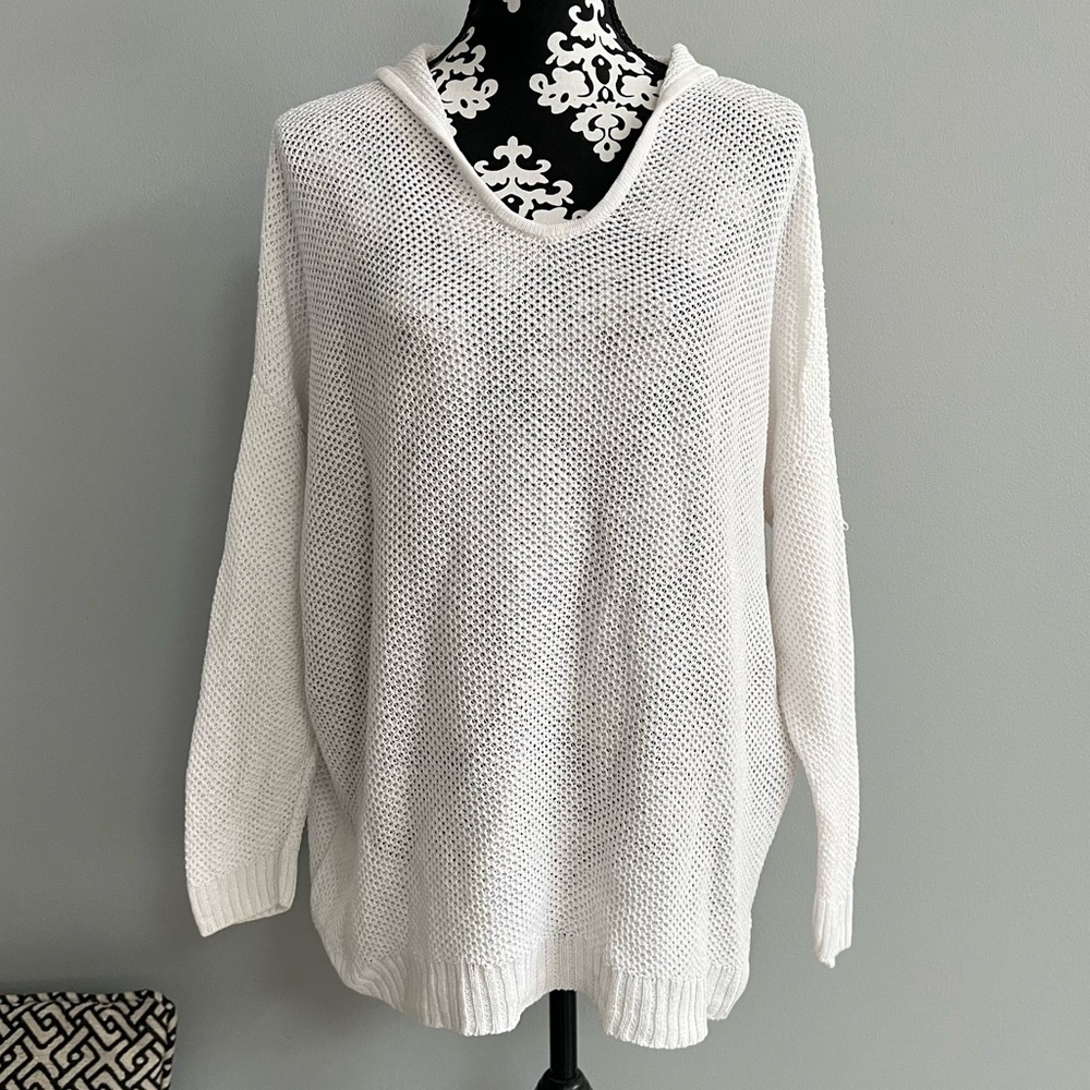 Eileen Fisher Organic Linen Open Knit Hooded Sweater Size XL Sustainable Coastal